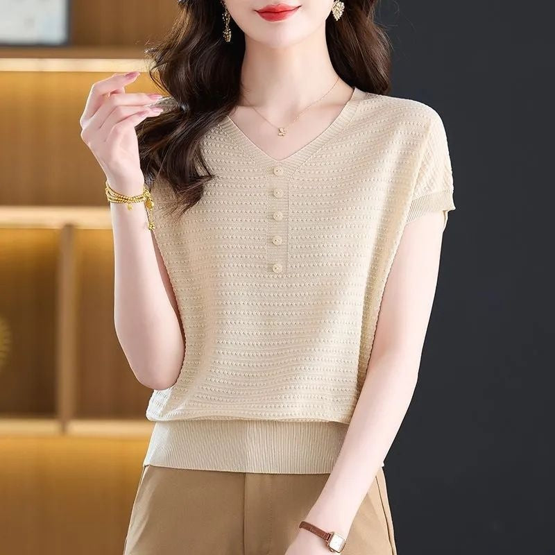 Women's Silk Sleeve Summer Solid Color Knitted T-shirt Thin Women's Sweater