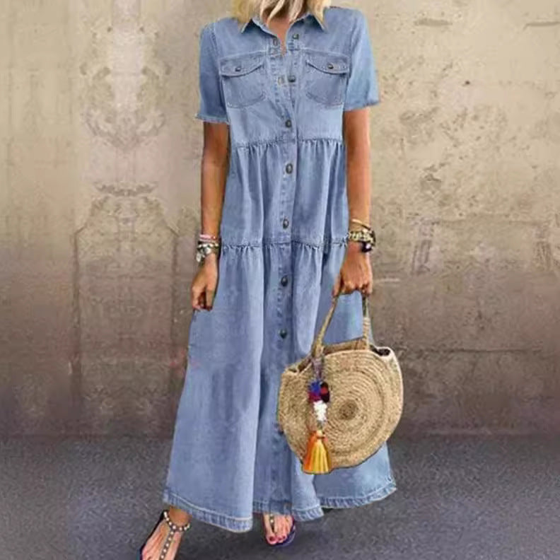 Elegant Denim Style Long Distressed Dress Dresses