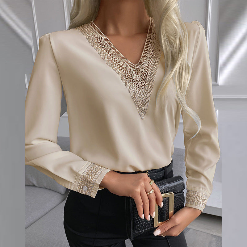 Women's Fashion Lace Shirt Solid Color Stitching Blouses