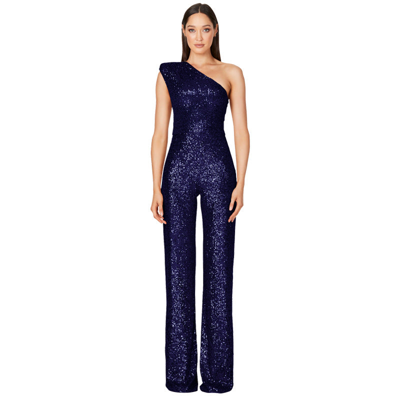 Women's Fashion Sleeveless One Shoulder Backless Sequined Jumpsuits
