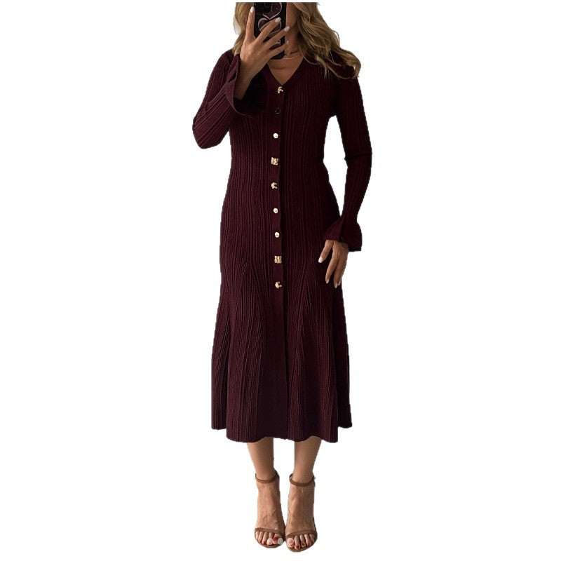 Women's French Style Long Gold Line Buckle Sleeve Dress