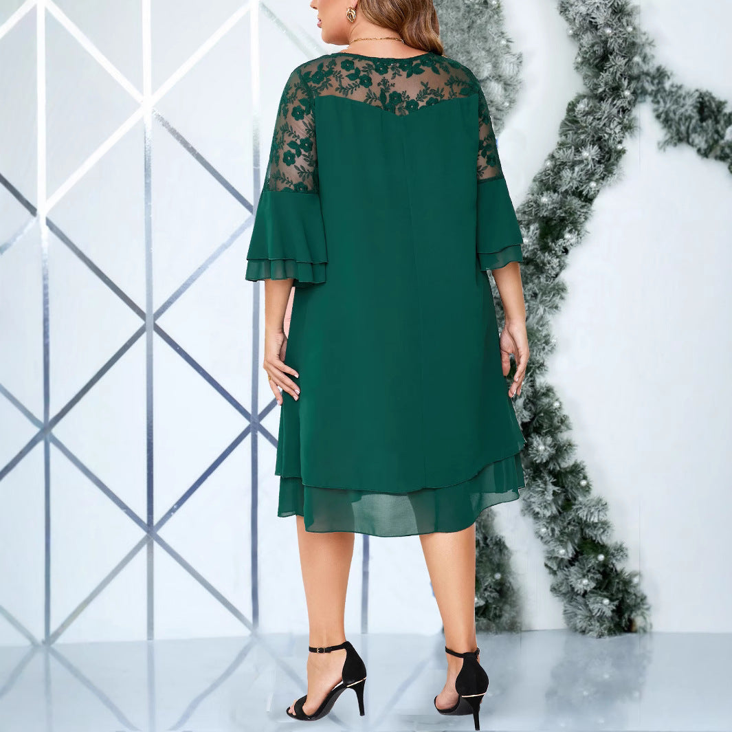 Women's Fashion Embroidery Stitching Dress Solid Color Dresses