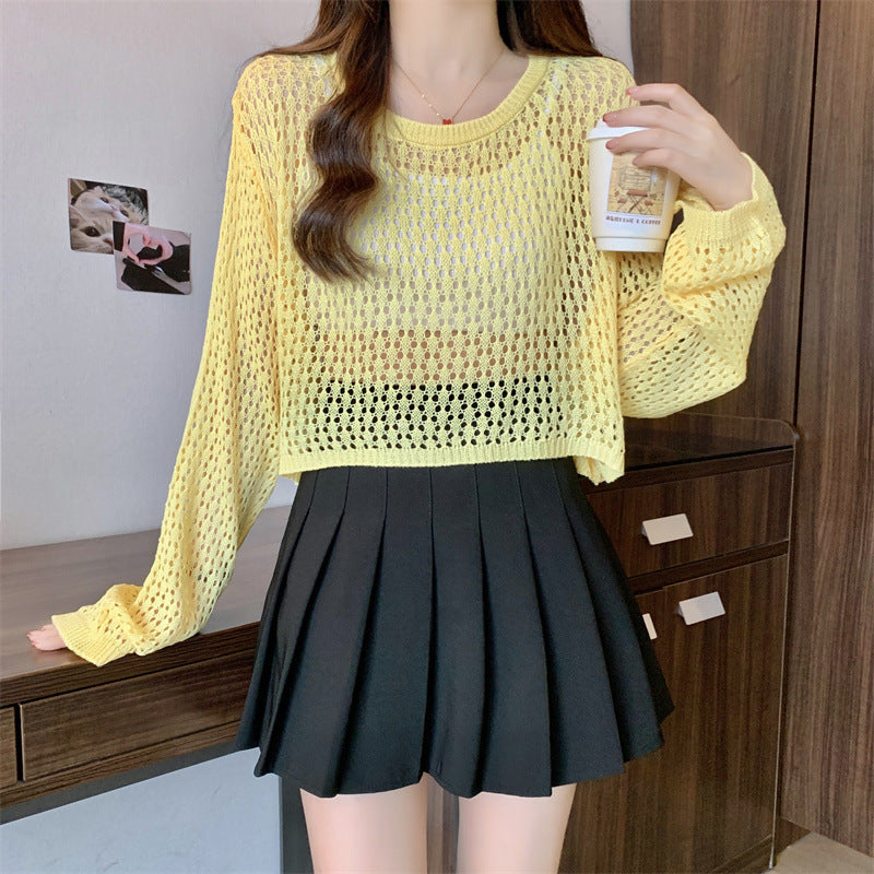 Women's Cutout Summer Tulle Mesh Candy Color Sweet Round Women's Sweater