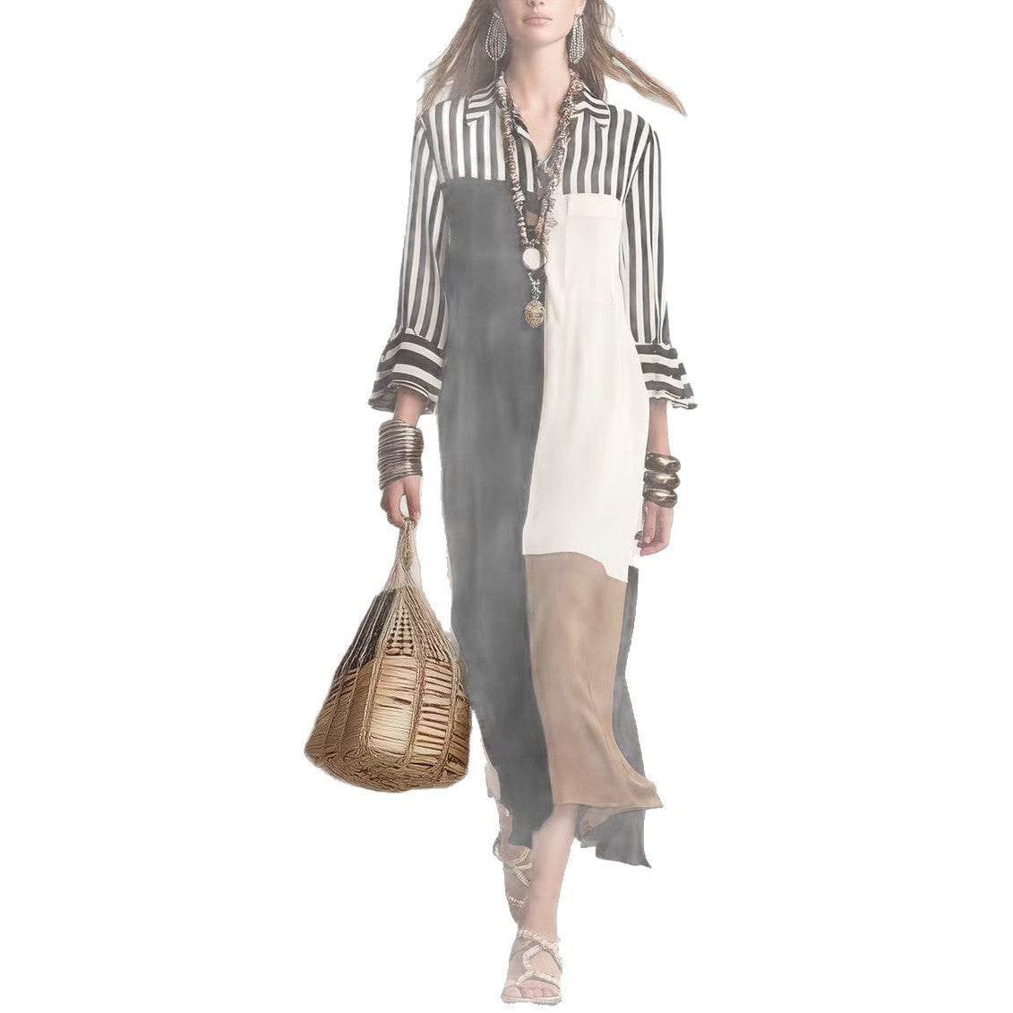 Fashion Elegant Graceful Striped Cropped Sleeve Dress