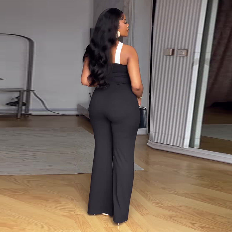 Women's Shoulder Strap Fashion Sleeveless Black Straight Jumpsuits