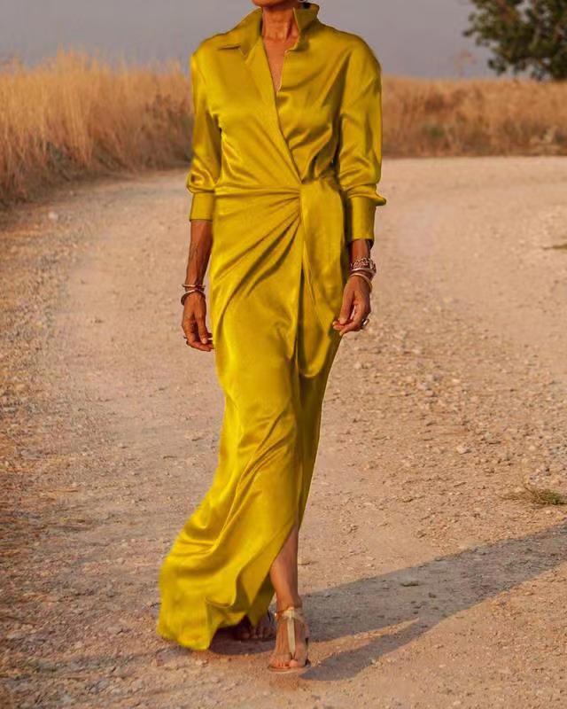 Women's Up High Waist Slit Mop Dress Long Sleeve Dresses