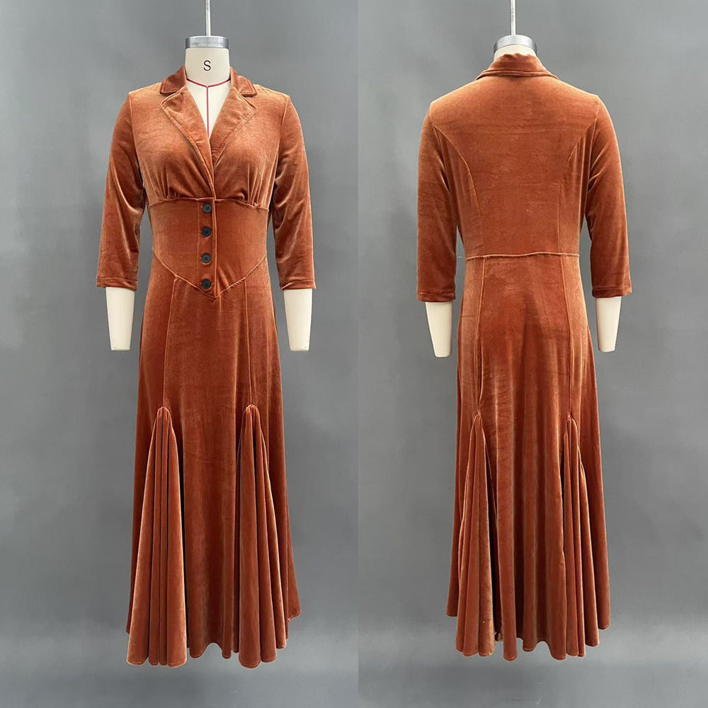 Women's Veet Lapel Temperament Long Sleeve Big Dresses