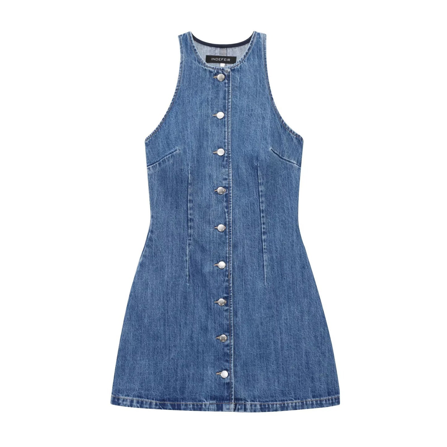 Women's Fashion Temperament Denim Round Neck Sleeveless Shorts