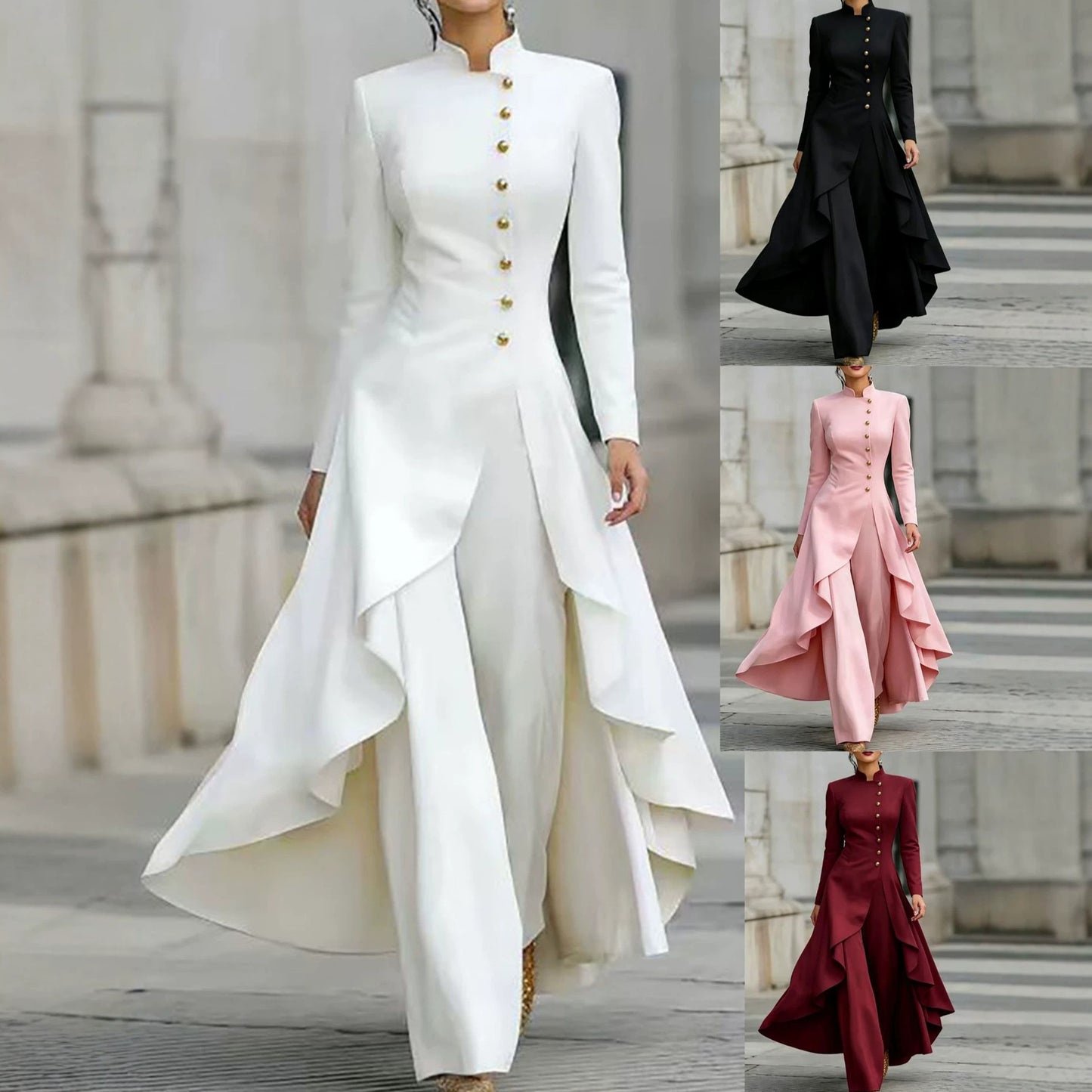 Style Turtleneck Fake Button Solid Color Elegant Fashion Casual Suit
