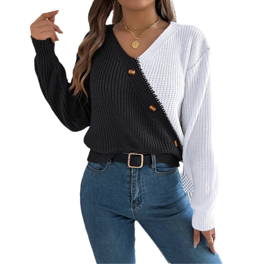 Women's Casual Button Contrast Color Lantern Sleeve Clothing