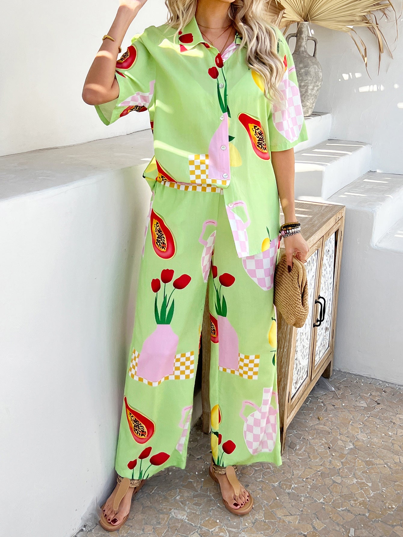 Bohemian Geometric Contrast Color Sleeve Wide Fashion Casual Suit