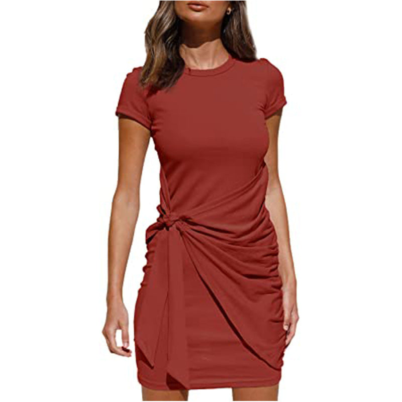 Sleeve Round Neck Pleated Bow Belt Dress
