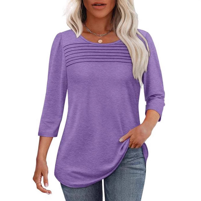 Women's Round Neck Sleeves Chest Tuck Line Blouses