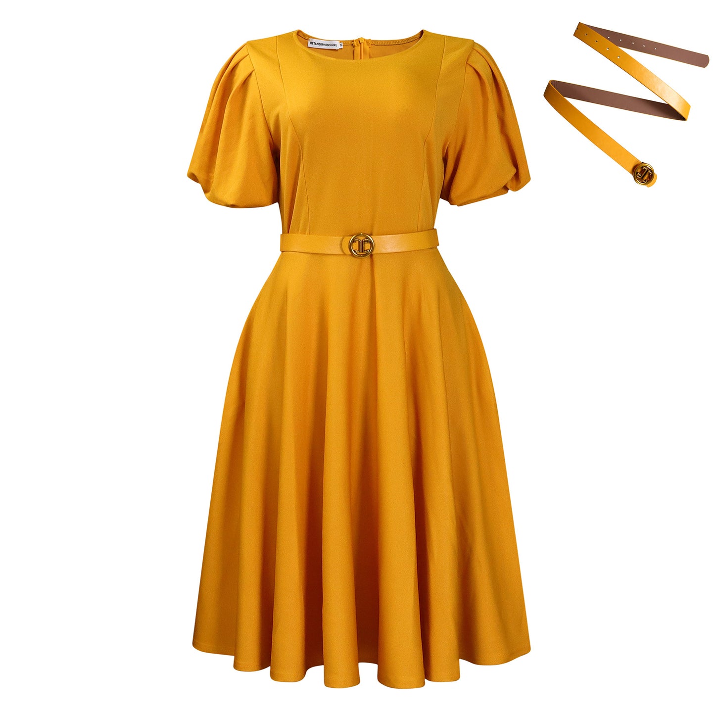Women's Round Neck Elegant Large Hem Puff Sleeve A- Dress
