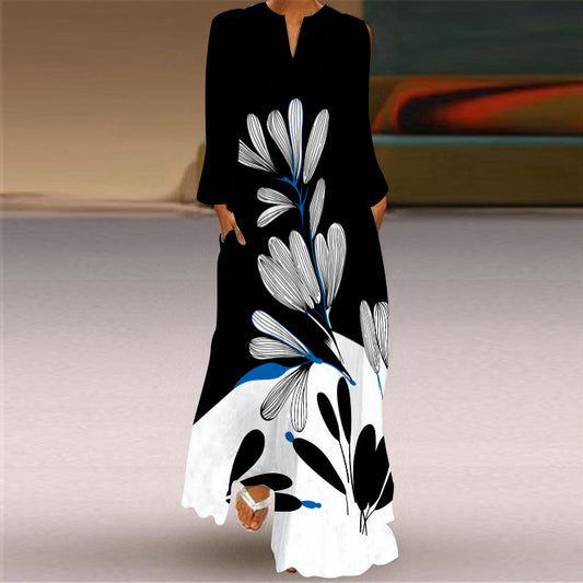 Women's Retro Butterfly Print Long Dress Collar Dresses