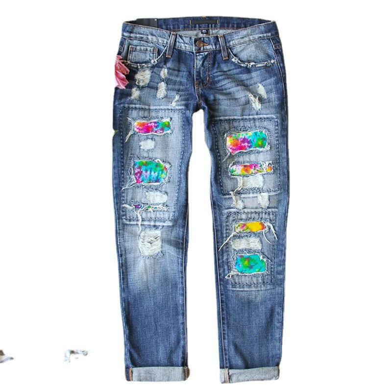 Women's Rainbow Patch Casual Summer Washed Denim Jeans