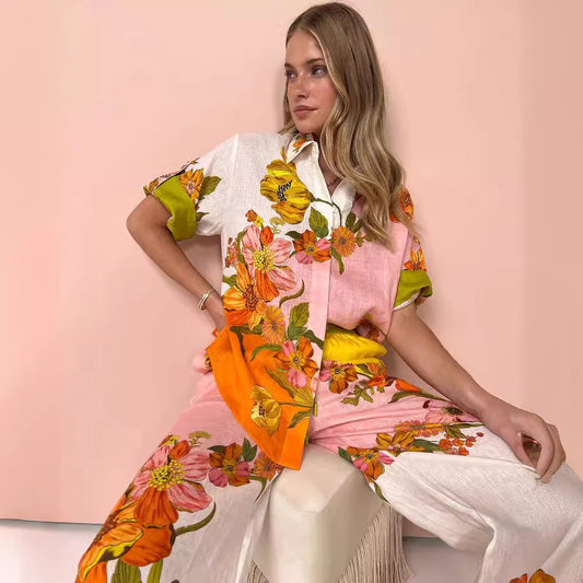 Casual Printed Cotton Linen Two-piece Outfit Suits