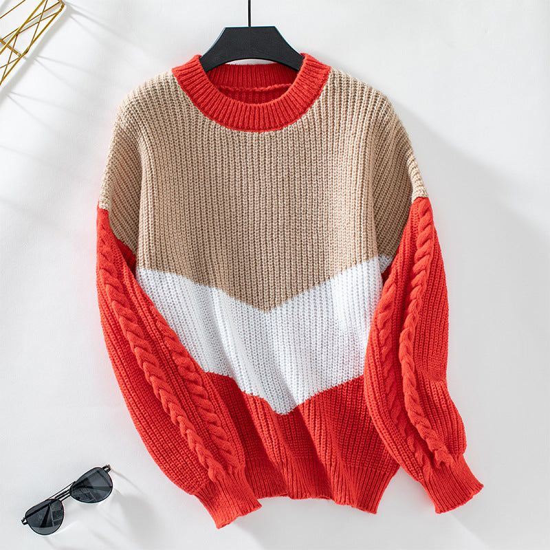 Women's Contrast Color Crew Neck Pullover Loose Knitwear
