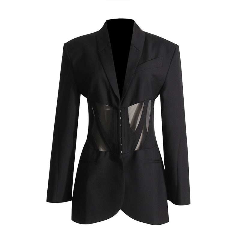 Women's Waist Mesh Slim Fit Patchwork Design Blazers