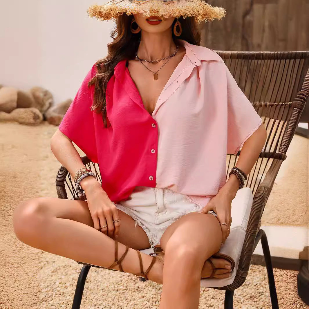 Women's Summer Fashion Buckle Lead Short-sleeved Blouses