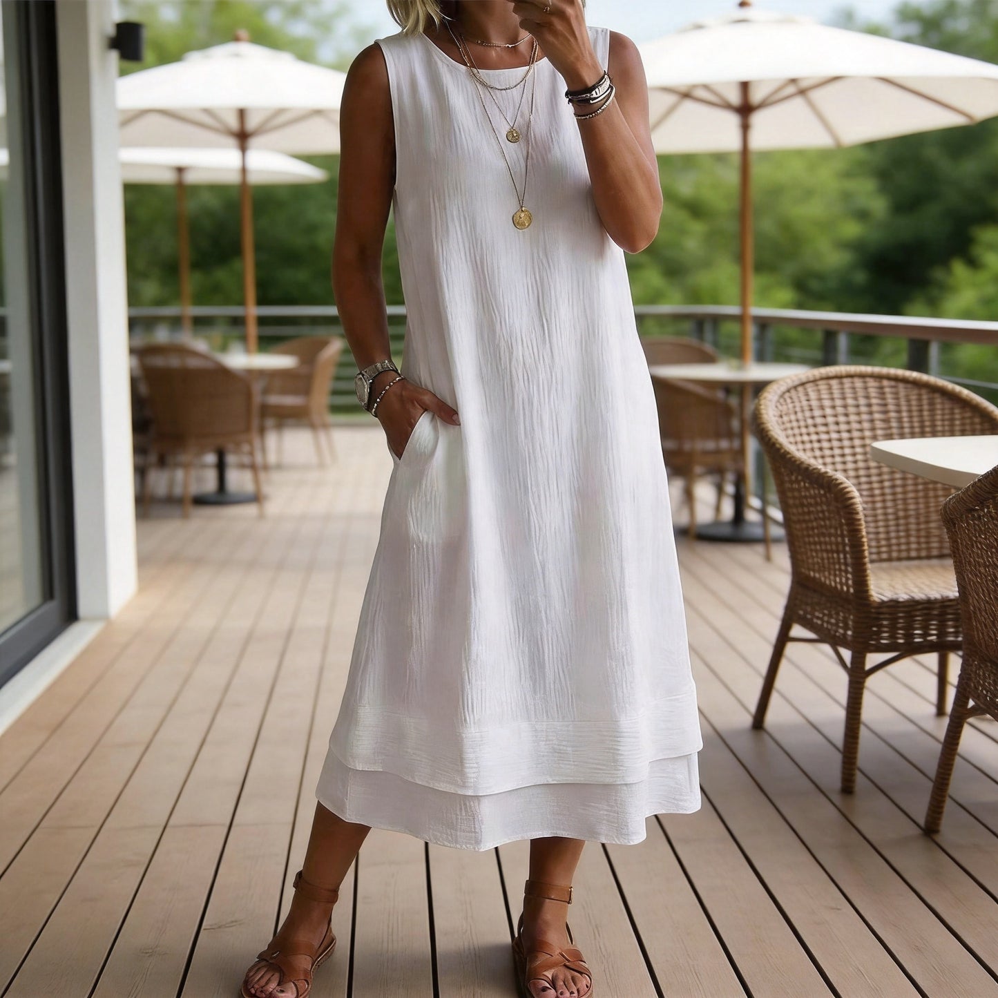 Fashion Casual Round Neck Pocket Long Solid Dress