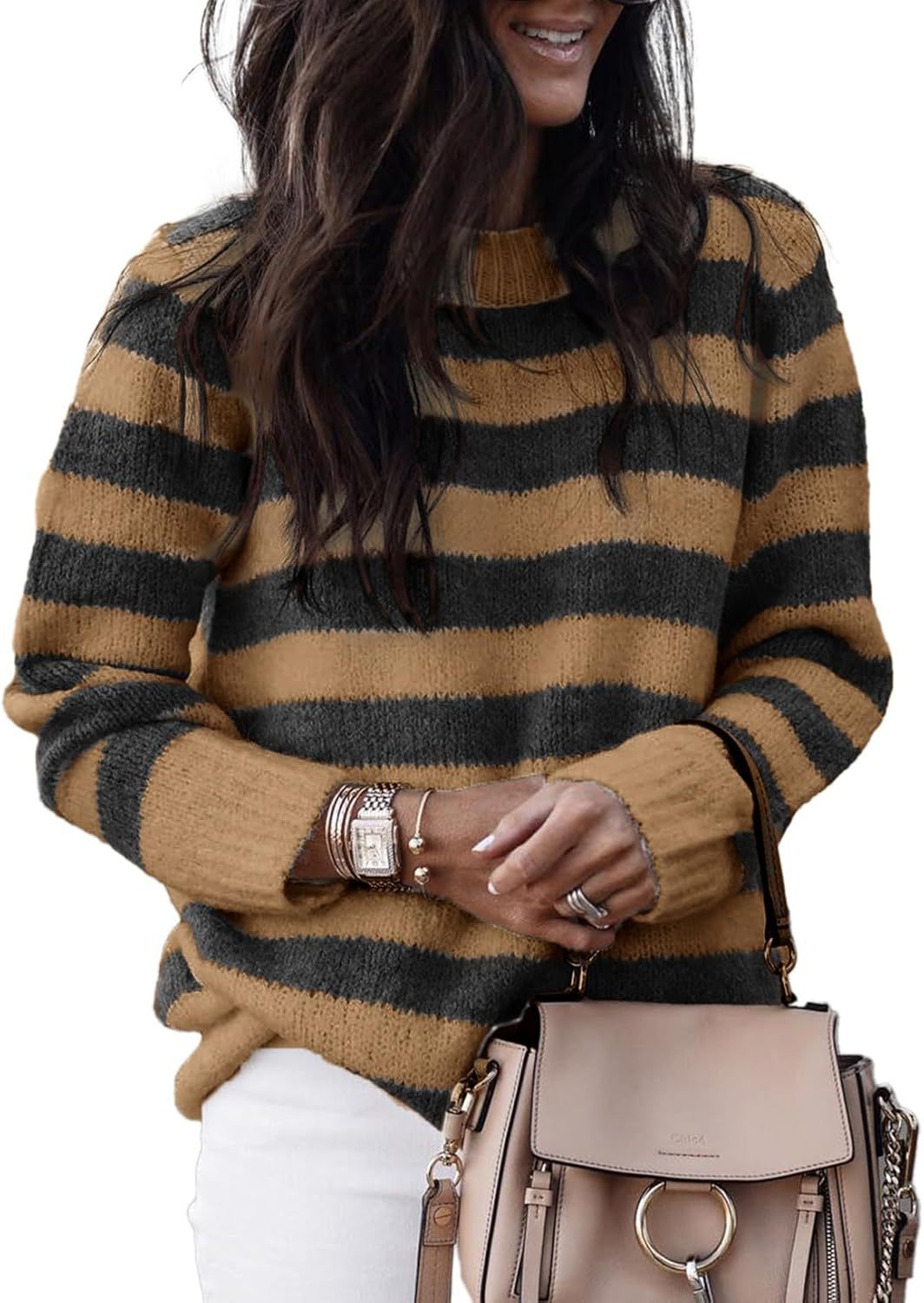 Women's Neck Striped Cute Color Matching Pullover Sweater