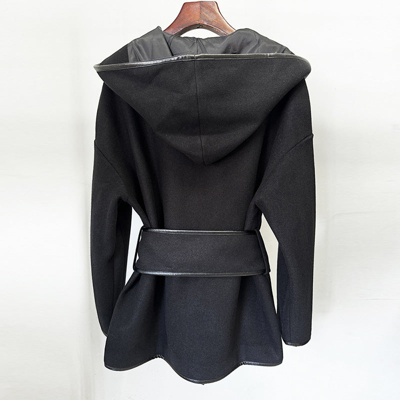 Hooded Belt Batwing Sleeve Mid-length Woolen Jackets