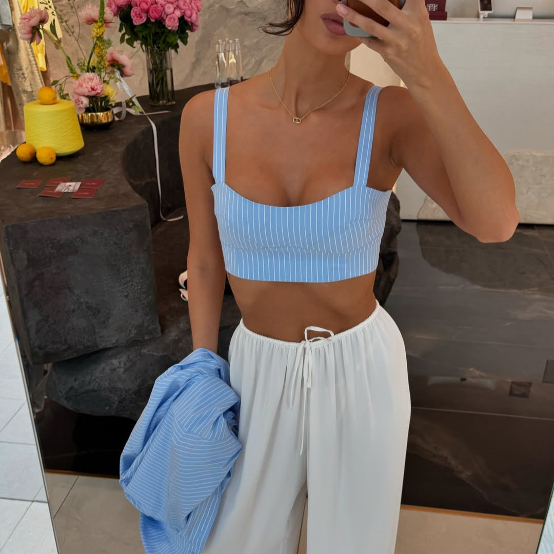 Women's Fashion Polo Collar Blue Striped Shirt Suits