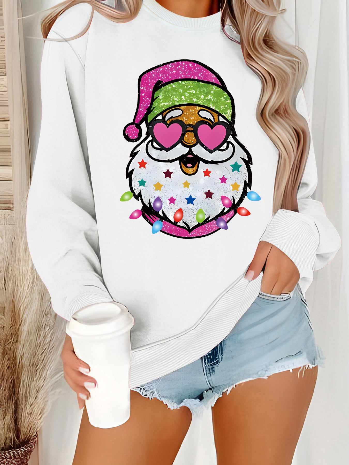 Women's Claus Graphic Print Crew Neck Casual Long Women's Sweater, Sweater
