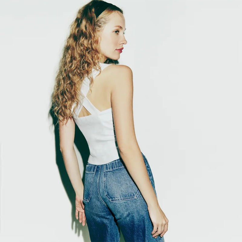 Women's Color Square Collar Linen Single-breasted Slim Vests