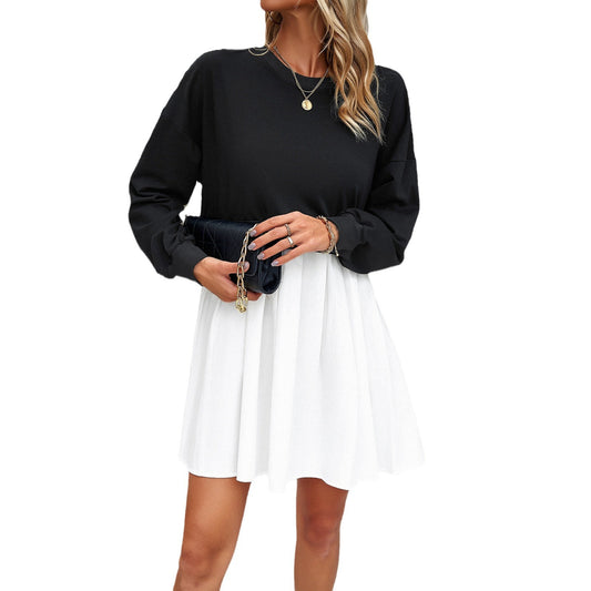 Women's Temperament Crew Neck Long Sleeve Stitching Dresses