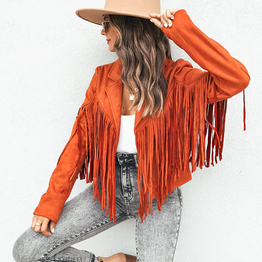 Women's Leather Suede Elegant Lapel Tassel For Coats