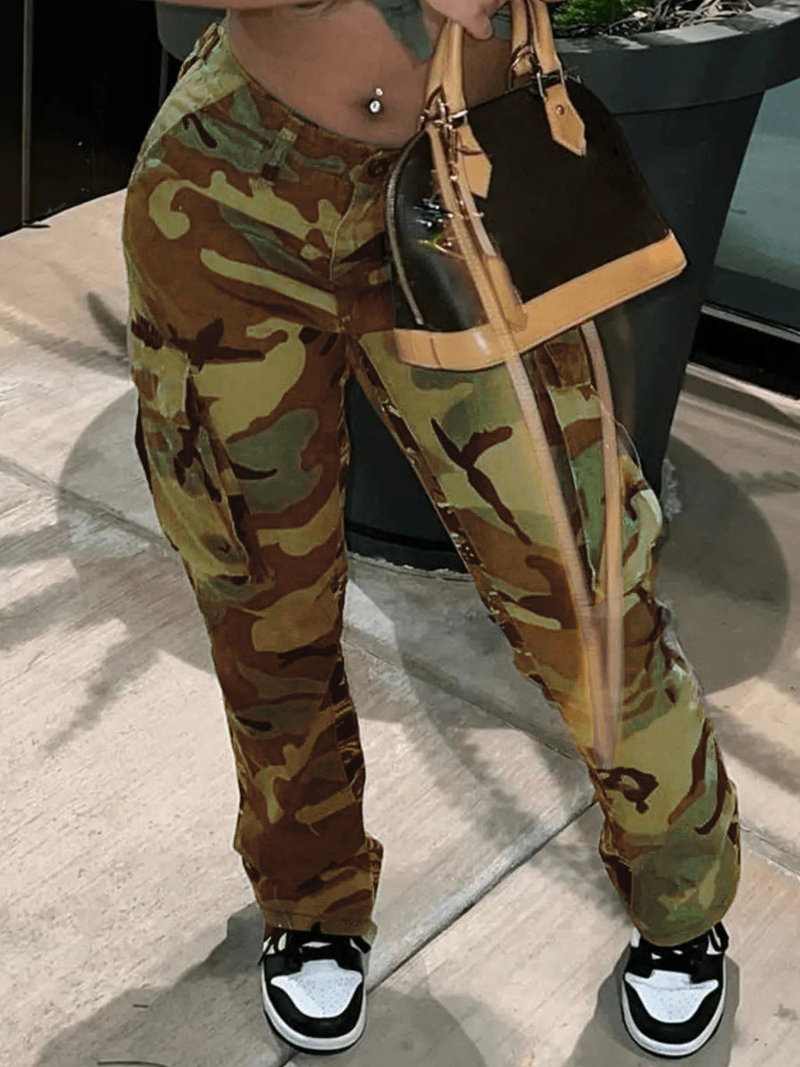Women's High Waist Straight Multicolor Camouflage Overalls Pants