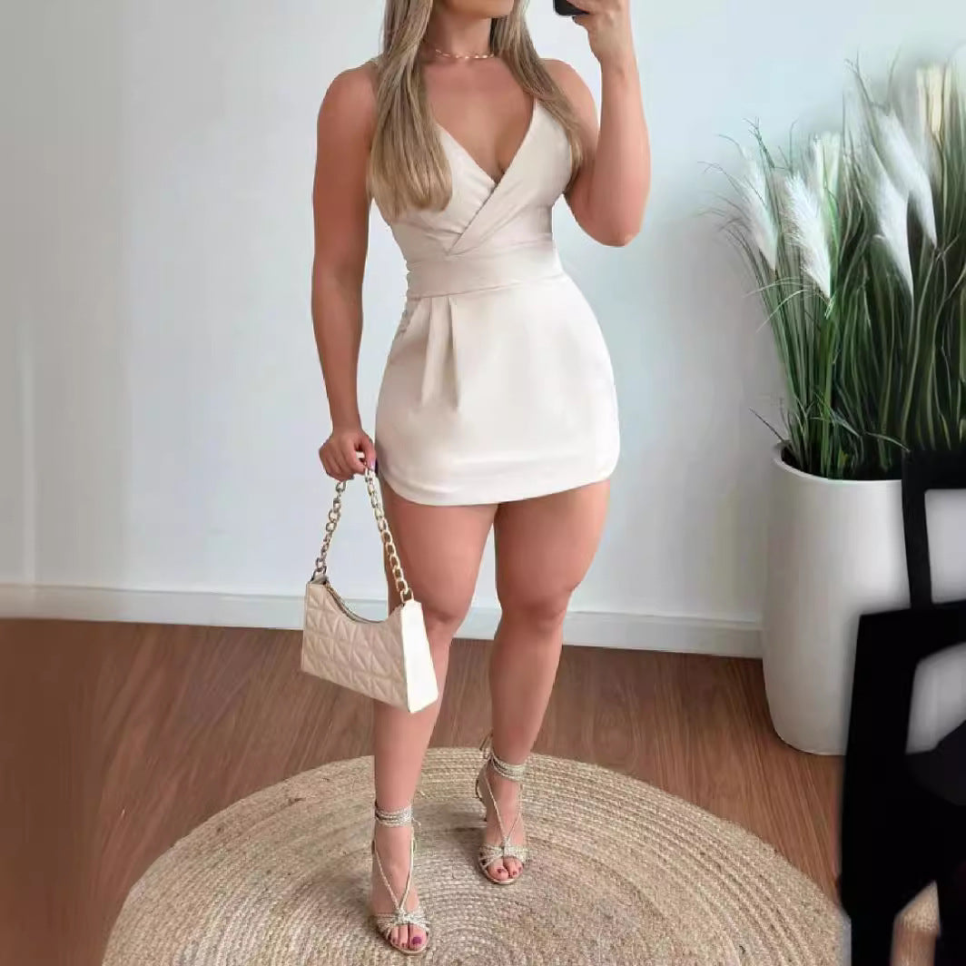 Fashion Solid Color Brace Pocket Backless Dress
