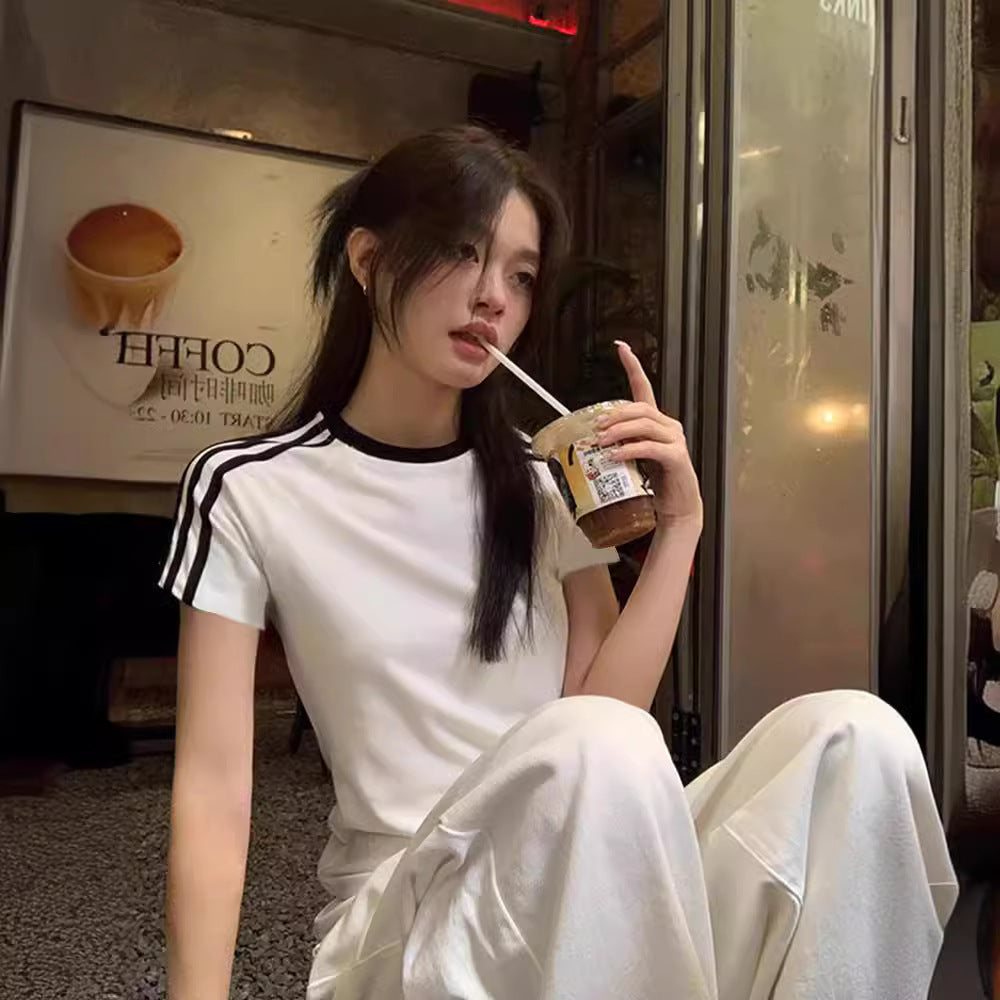 Women's Style Trendy Three Bars Contrast Color Short-sleeved Blouses
