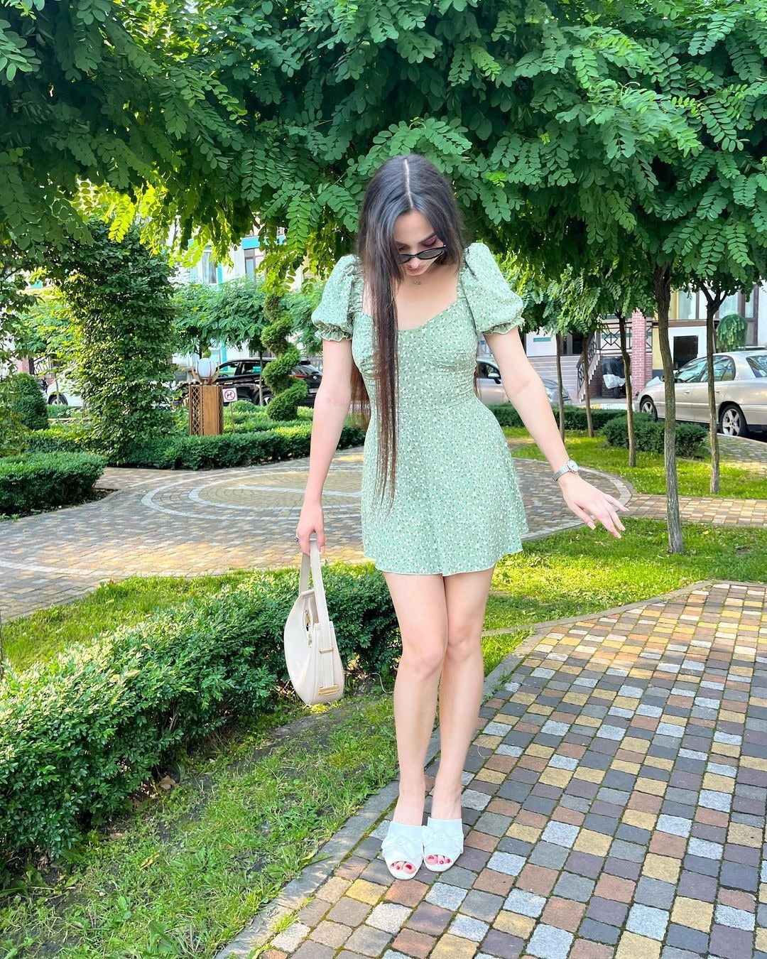 Women's Vintage Floral High Waist Puff Sleeve Dress
