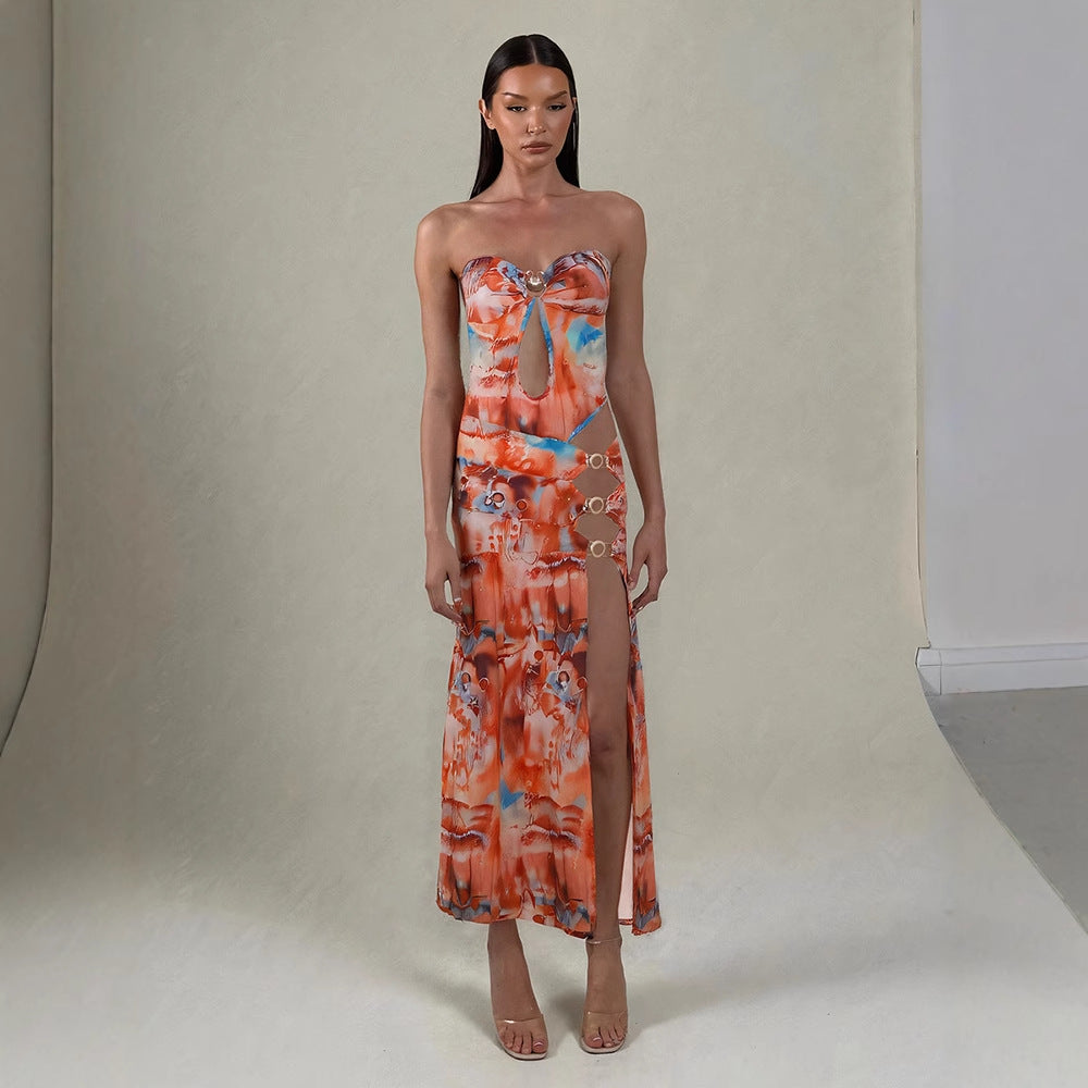 Women's Slim Fit Side Slit Printed Tube Tops