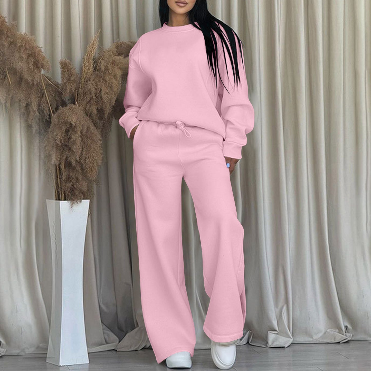 Women's Two-piece Set Long Sleeve Ribbed Patchwork Wide Leg Fashion Casual Suit