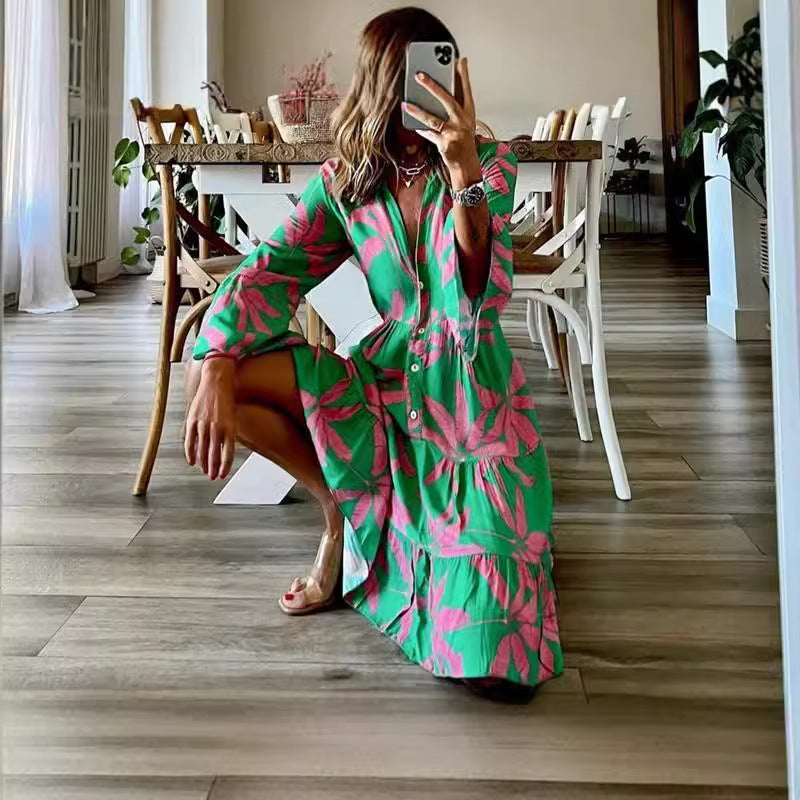 Women's Dress Long Sleeve Printed Flare Mid-length Dresses