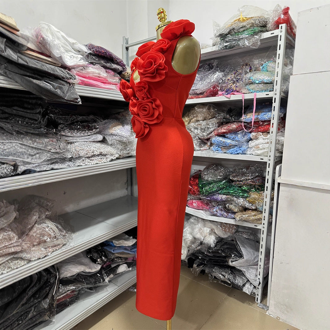 Elegant Bottoming Dress Backless Red Flower Long Dresses