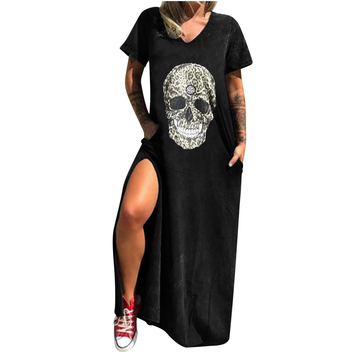 Skull Print Street Fashion Sleeve Slit Shorts