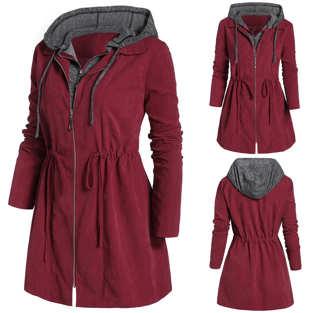 Women's Mid-length Zipper Fake Two-piece Hooded Style Coats