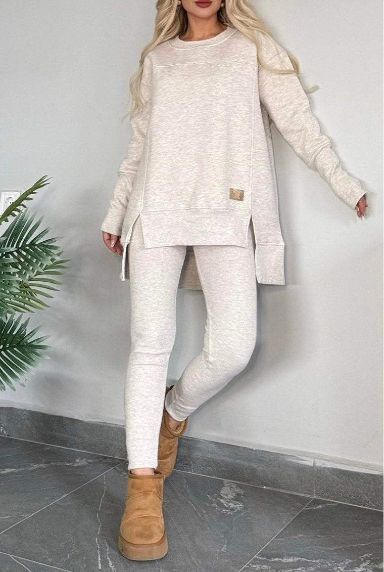 Women's Slit Long Sleeve Crew Neck Casual Suits