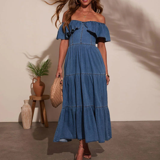 Women's Stylish Loose Round Neck Ruffled Denim Dresses