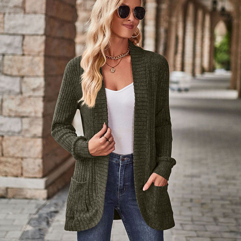 Sleeve Solid Color Rib Fabric Brushed Stitching Women's Sweater