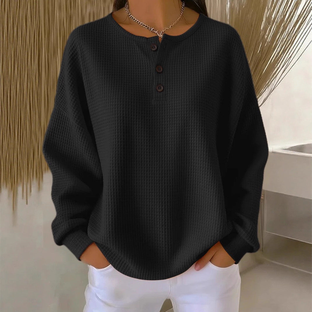 Round Neck Waffle Solid Color Pullover Women's Sweater