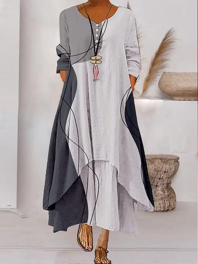 Women's Popular Printed Long-sleeved Hem Irregular Long Dress