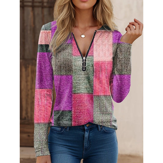 Women's Fashion Casual Loose Printed Zipper Cashmere Blouses
