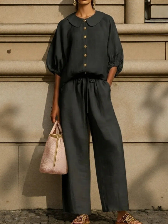 Women's Cotton Linen Lantern Sleeve Shirt Drawstring Fashion Casual Suit