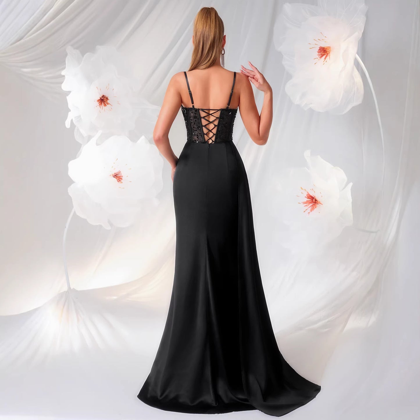 Fit Trailing Rhinestone Tube Lace Waist Dress